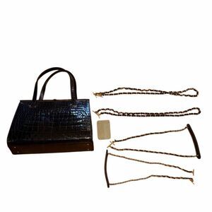 50s 60s LESCO Genuine Crocodile Leather Frame Bag Handbag Satchel black